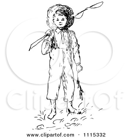 Clipart Vintage Black And White Boy With A Fishing Pole - Royalty