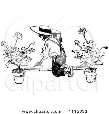 Clipart Vintage Black And White Boy Digging In A Garden - Royalty Free Vector Illustration by Prawny Vintage