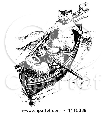 Clipart Vintage Black And White Cat In A Boat - Royalty Free Vector Illustration by Prawny Vintage