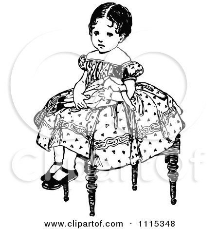 Clipart Vintage Black And White Girl Sitting With Her Doll - Royalty Free Vector Illustration by Prawny Vintage