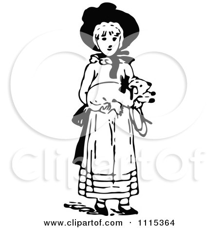 Clipart Vintage Black And White Girl Carrying A Toy - Royalty Free Vector Illustration by Prawny Vintage