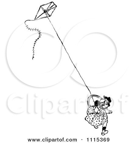 Clipart Vintage Black And White Girl Running With A Kite - Royalty Free Vector Illustration by Prawny Vintage