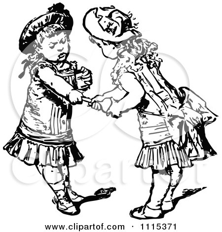 Clipart Vintage Black And White Girls Fighting Over A Toy - Royalty Free Vector Illustration by Prawny Vintage