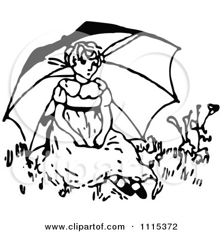 Clipart Vintage Black And White Girl Sitting Under A Parasol - Royalty Free Vector Illustration by Prawny Vintage