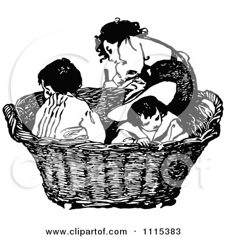Clipart Vintage Black And White Children In A Basket - Royalty Free Vector Illustration by Prawny Vintage