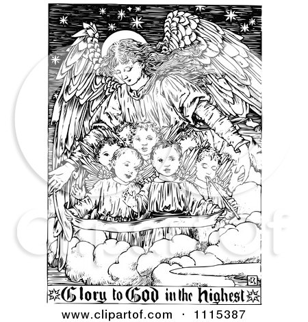Clipart Vintage Black And White Guardian Angel With Children And Glory To God Text- Royalty Free Vector Illustration by Prawny Vintage