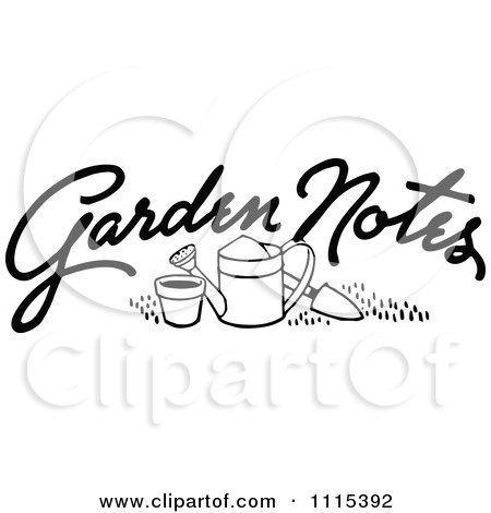 Clipart Vintage Black And White Garden Notes Text And Tools - Royalty Free Vector Illustration by Prawny Vintage