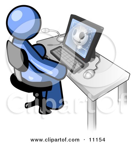 Blue Doctor Man Sitting at a Computer and Viewing an Xray of a Head Clipart Illustration by Leo Blanchette