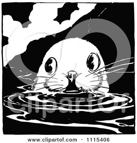 Clipart Vintage Black And White Swimming Otter - Royalty Free Vector Illustration by Prawny Vintage