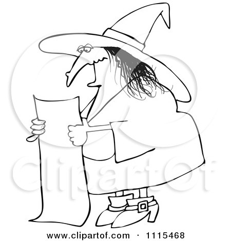 Clipart Outlined Evil Witch Reading A Long List Of Spell Ingredients - Royalty Free Vector Illustration by djart