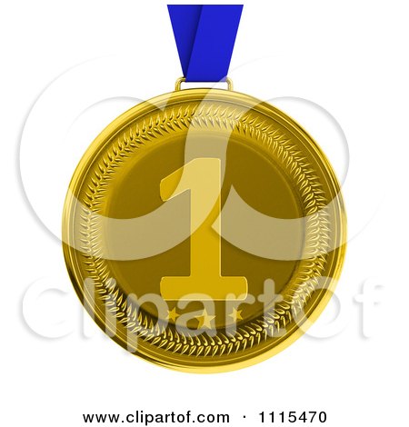 Clipart 3d First Place Gold Award Medal On A Blue Ribbon - Royalty Free CGI Illustration by stockillustrations