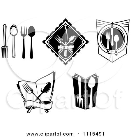 Clipart Black And White Dining And Restaurant Silverware Logos - Royalty Free Vector Illustration by Vector Tradition SM
