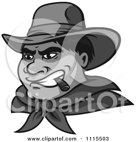 Clipart Grayscale Tough Wild West Cowboy Smoking A Cigar - Royalty Free Vector Illustration by Vector Tradition SM