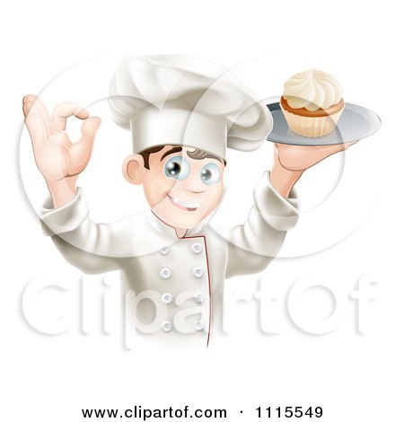 Clipart Pleased Chef Gesturing Ok And Holding A Platter With A Cupcake - Royalty Free Vector Illustration by AtStockIllustration