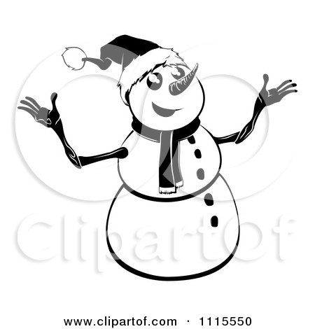 Clipart Black And White Happy Christmas Snowman - Royalty Free Vector Illustration by AtStockIllustration