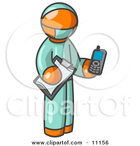 Orange Surgeon Man Holding a Clipboard and Cellular Telephone Clipart Illustration by Leo Blanchette