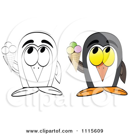 Clipart Outlined And Colored Penguins With Ice Cream - Royalty Free Vector Illustration by Andrei Marincas