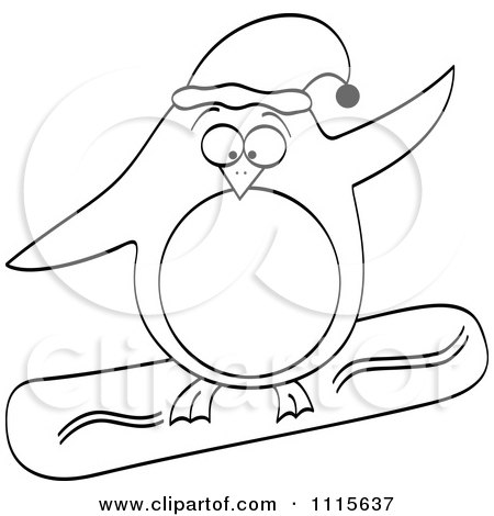Clipart Outlined Christmas Penguin Snowboarding - Royalty Free Vector Illustration by Andrei Marincas
