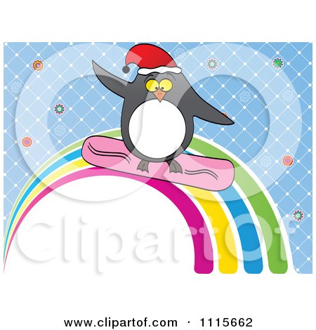 Clipart Christmas Penguin Snowboarding A Rainbow Over Blue - Royalty Free Vector Illustration by Andrei Marincas