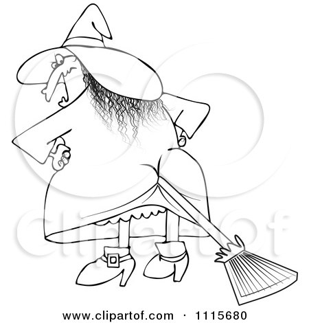 Clipart Outlined Halloween Witch With A Broom Stuck In Her Butt - Royalty Free Vector Illustration by djart