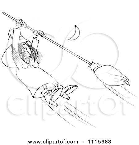 Clipart Outlined Halloween Witch Hanging Onto A Flying Broom In A Night Sky - Royalty Free Vector Illustration by djart
