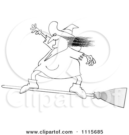 Clipart Outlined Halloween Witch Flying And Standing On A Broom - Royalty Free Vector Illustration by djart