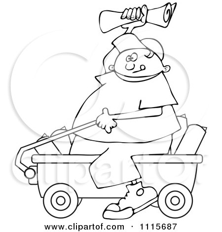 Clipart Outlined Paper Boy Sitting In A Wagon And Tossing Newspapers - Royalty Free Vector Illustration by djart