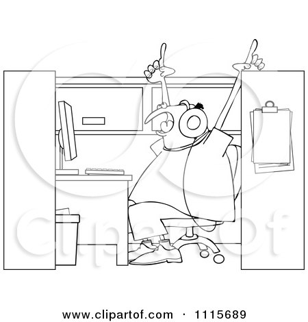 Clipart Outlined Man Singing And Listening To Music In His Office Cubicle - Royalty Free Vector Illustration by djart