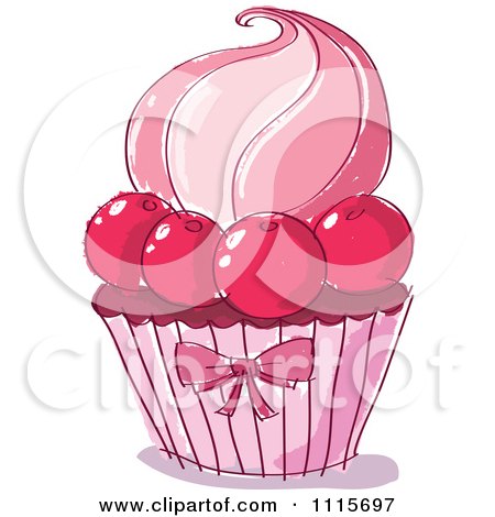Clipart Pink Doodled Cupcake With Cherries - Royalty Free Vector Illustration by yayayoyo