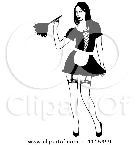 Clipart Sexy Black And White Dusting French Maid Wearing Garters - Royalty Free Vector Illustration by Pams Clipart
