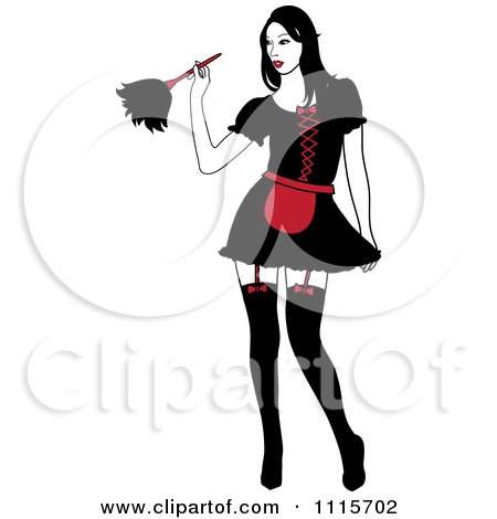 Clipart Sexy Dusting French Maid Wearing Garters And A Red And Black Uniform - Royalty Free Vector Illustration by Pams Clipart