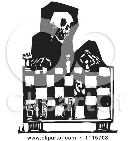 Clipart Skeleton Of Death Playing Chess Black And White Woodcut - Royalty Free Vector Illustration by xunantunich