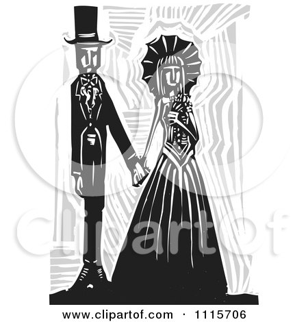 Clipart Gothic Wedding Couple Holding Hands Black And White Woodcut 2 - Royalty Free Vector Illustration by xunantunich