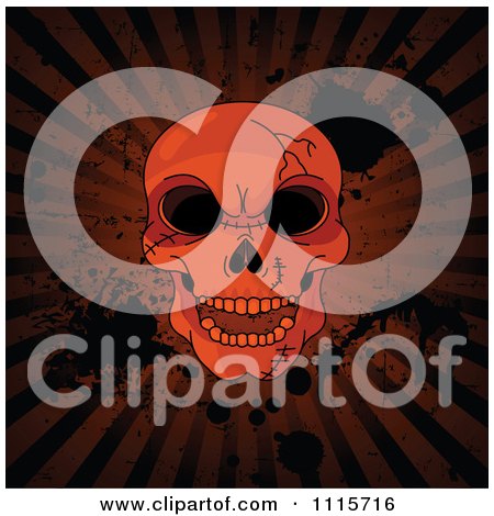 Clipart Hellish Cracked Human Skull Over Grungy Halloween Rays And Splatters - Royalty Free Vector Illustration by Pushkin