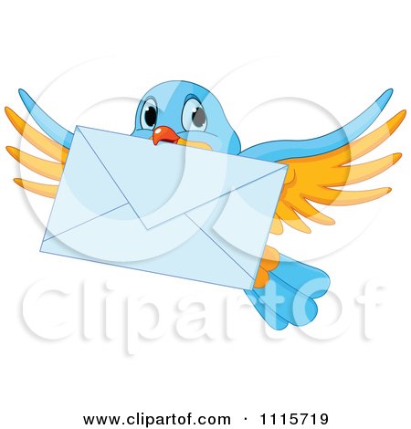 Clipart Cute Blue And Yellow Bird Flying With An Envelope - Royalty Free Vector Illustration by Pushkin