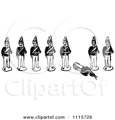 Clipart Retro Vintage Black And White Toy Soldiers With One Down - Royalty Free Vector Illustration by Prawny Vintage