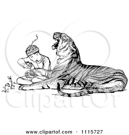 Clipart Retro Vintage Black And White Zookeeper Tending To An Injured Tiger - Royalty Free Vector Illustration by Prawny Vintage