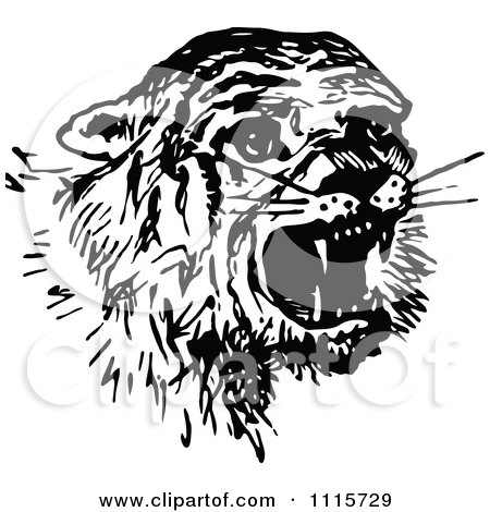 Clipart Retro Vintage Black And White Scared Tiger - Royalty Free Vector Illustration by Prawny Vintage