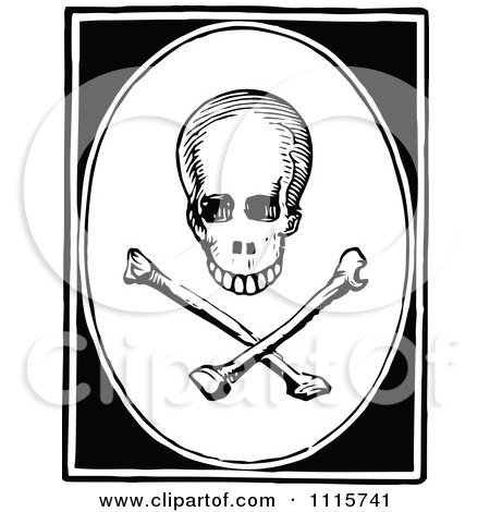 Clipart Retro Vintage Black And White Skull And Crossbones In A Frame - Royalty Free Vector Illustration by Prawny Vintage