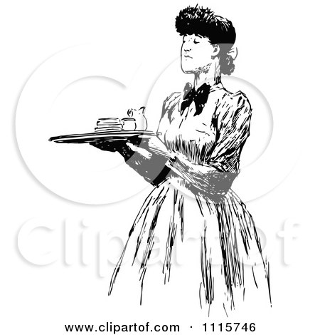 Clipart Retro Vintage Black And White Woman Carrying A Food Service Tray - Royalty Free Vector Illustration by Prawny Vintage