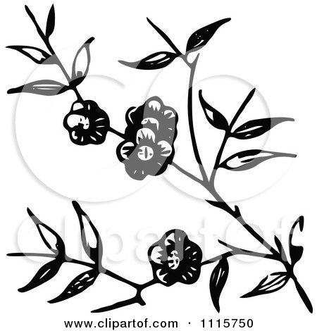 Clipart Retro Vintage Black And White Blossoming Branch - Royalty Free Vector Illustration by Prawny Vintage