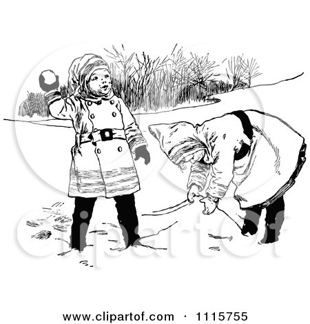 Clipart Retro Vintage Black And White Girls Playing In The Snow - Royalty Free Vector Illustration by Prawny Vintage