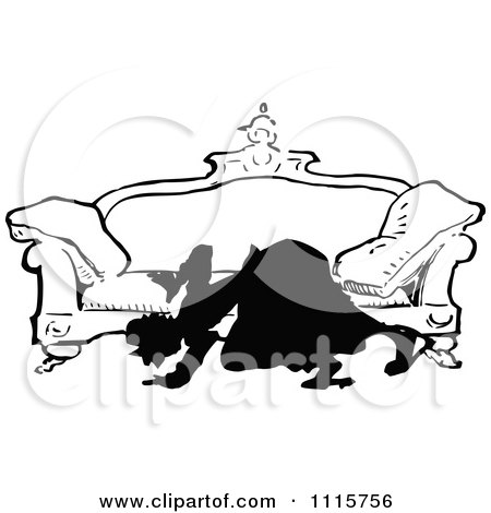 Clipart Retro Vintage Black And White Silhouetted Woman Looking Under A Sofa - Royalty Free Vector Illustration by Prawny Vintage