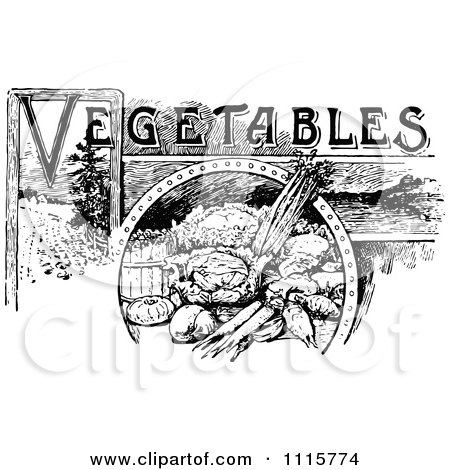 Clipart Retro Vintage Black And White Vegetables Text With Produce - Royalty Free Vector Illustration by Prawny Vintage