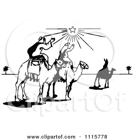 Clipart Retro Vintage Black And White Wise Men On Camels Under The North Star - Royalty Free Vector Illustration by Prawny Vintage