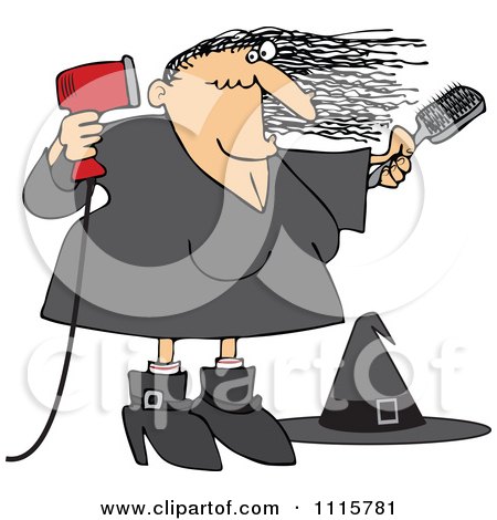 Clipart Halloween Witch Blow Drying Her Hair - Royalty Free Vector Illustration by djart