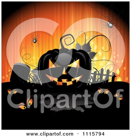 Clipart Orange Halloween Background With A Black Jackolantern In A Cemetery - Royalty Free Vector Illustration by merlinul