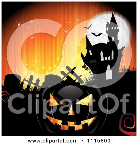 Orange Halloween Background With A Haunted House Graves And A Black Jackolantern 1 Posters, Art Prints