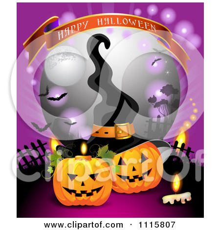 Clipart Happy Halloween Banner Over Jackolanterns With A Witch Hat In A Cemetery - Royalty Free Vector Illustration by merlinul