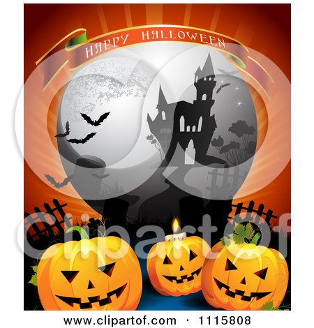 Clipart Happy Halloween Banner Over A Haunted House And Jackolanterns In A Cemetery - Royalty Free Vector Illustration by merlinul